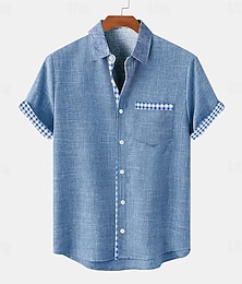 economico -Per uomo Camicia camicia di lino Camicia da spiaggia A quadri Interni Per eventi Blu Verde Kaki Manica corta Collo ripiegabile Estate Abbigliamento