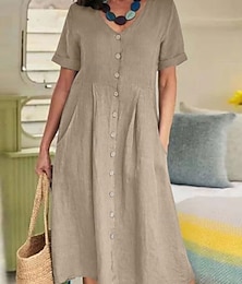 abordables -Femmes Robe Midi Robes en coton et lin Robe Décontractée Basique Occasionnel Vacances Quotidien Coupe régulière Uni Manche Courte Col en V Blanche Bleu Ciel Vert Kaki Été