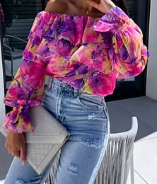 preiswerte -Damen Hemd Bluse Rüsche Druck Blumen Blatt Stilvoll Lässig Langarm Schulterfrei Normale Oberteile Täglich Gelb Rosa Purpur Grün Sommer Frühling