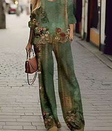 abordables -Ensemble de 2 pièces chemise basique néon et lumineuse blouse à manches 3/4 col en V imprimé floral décontracté similaire au lin vert été coupe régulière