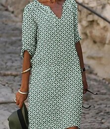 economico -Per donna Mini Abito Abiti in cotone e lino Vestito Casual Elegante Essenziale Casual Vacanza Quotidiano Vestibilità regolare Geometrico Manica Corta Scollo a V Giallo Blu Verde Grigio Estate