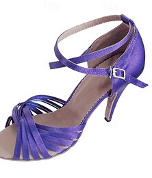 ieftine -pantofi de dans latino din satin violet pentru damă – tocuri de sală de bal cu vârf deschis, cu bretele, cu curele la gleznă pentru salsa, tango și performanță