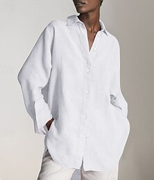 economico -Per donna Camicia Camicie di cotone e lino Camicia di lino Abbottonare Semplice Quotidiano Elegante Essenziale Manica Lunga Colletto a Camicia Top Regolari Lavoro Quotidiano Ferie Bottoni Nero Bianco