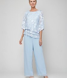 abordables -Combinaison  pantalon pour mère de la mariée dentelle florale élégante simple minimaliste col bateau longueur sol chiffon manches 3/4 avec volants en cascade couleur unie