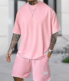 voordelige -Voor heren Trainingsset Trainingspak T-shirt en korte broek Set Kledingset Strakke ronde hals Buiten Dagelijks Sport Zak Trekkoord 2-stuks Effen Lichtgroen Blozend Roze Rood Polyester Sportkleding