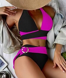 billige -Dame Badetøy Bikini 2 stk Underbukser Badedrakt Åpen rygg Tynn Ferie Strand Klær Helfarge V-hals Ermeløs Badedrakter