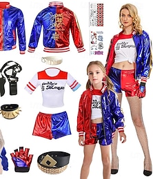 abordables -costumes harley quinn 13 pcs ensemble joker 2 suicide squad clown cosplay costume tenues avec perruques accessoires brodés femmes filles film cosplay halloween carnaval performance fête