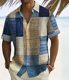 preiswerte -Herren Geometrisch Farbblock Patchwork Hemd Knopfhemd Kurzarm Modisch lässig Urlaub Ferien Streetwear Sommer Umlegekragen 3D-Druck Hemden mit Kragen Eine Tasche vorne Dunkelgelb Blau Braun Grün