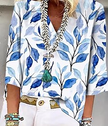 billige -Dame Skjorte Blomster Vintage Tropisk Daglig 3/4 Lengde Erme V Hals Regular Topper Daglig Print Blå Sommer Vår