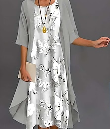 halpa -Naisten valmistujaismekko Midi-mekko Chiffon-mekko Suora mekko Elegantti Loma Virkistävä Virallinen Häät Häät vieras Lörppö Kukka Puolihihat Pyöreä pääntie Harmaa Kesä Kevät