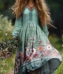 economico -Per donna Vestito maxi Abito casual Vestito svasato Abito boho Boemia Vintage Etnico Da mare Giornaliero Standard Floreale Manica lunga Girocollo Bianco Vino Fucsia Verde Estate Primavera