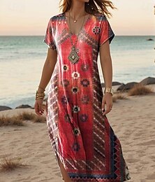 ieftine -Pentru femei Rochie Maxi Rochie casual Rochie A line Boemia Stilat Casual Vacanță Zilnic Fit regulat Boem Έθνικ Damasc Boho Paisley Manșon scurt În V Roșu-aprins Vară Primăvară