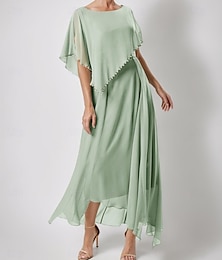 economico -Abito A-Line per la Madre della Sposa Elegante Semplice Minimalista Collo Rotondo Lunghezza Piena Chiffon Maniche Corte con Perle Ruches Ruches Cascading