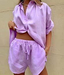 preiswerte -Damen Urlaub Hawaiianisch Hemd Leinen-inspirierte Sets Zweiteilige Sets Strandshorts Baggy-Shorts Kurzarm Hemdkragen Einfarbig Kordelzug Alltagskleidung Date Weiß Purpur Beige Sommer Normale Passform