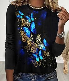 abordables -Mujer Camiseta Graphic Mariposa Casual Manga Larga Cuello Barco Tops regulares Diario Estampado Negro Primavera Otoño