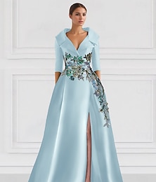 abordables -robe de soirée trapèze à fleurs bleues, robe élégante brodée, robe de mariée formelle, longueur au sol, manches mi-longues, col chemise, satin avec fente, 2025