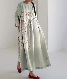 abordables -Robe Maxi Femme Robe Décontractée Vacances Coupe ample Florale Graphique Lin semblable Manches 3/4 Col rond Vert Printemps Automne Hiver