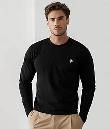 billige -Herre T skjorte Langermet Crew-hals Vår Høst Vinter Palmetre Elegant Varm Ferie Broderi Trening utendørs Hjem Svart Hvit Topp T-skjorte for menn