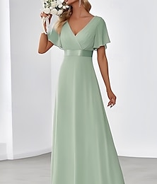economico -Linea ad A Vestito da damigella Scollo a V Manica Corta Elegante Lunghezza al pavimento Chiffon con Fascia / Nastro / Arricciatura 2022
