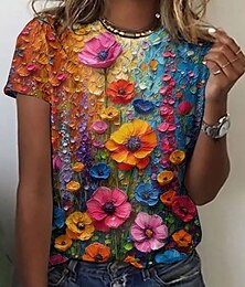economico -Per donna maglietta Floreale Color Block Informale Manica corta Rotonda Top regolari Giornaliero Stampa Arcobaleno Estate