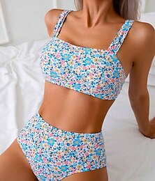 abordables -Femme Maillots de Bain Bikinis 2 pièces Slip Brésilien Maillot de bain Dos Nu Taille haute Mince Vacances Tenues de plage Floral Sans Bretelles Sans Manches Maillots de bain