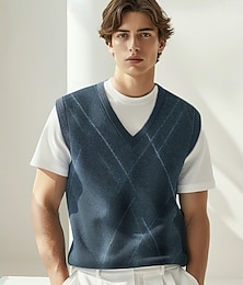baratos -Homens Colete de moletom Colete Tricotar Em V Listas Reativo Decote V Roupa de Malha Elegante Escola Espetáculo Roupa Primavera Outono Preto Azul Royal S M L