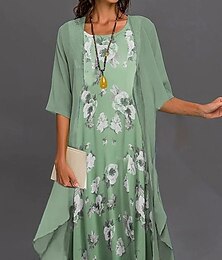 levne -Šaty pro absolventky Midi Šaty Šifon Šaty Posunovací Šaty Elegantní Každodenní Volný Střih Květinové S Polovinou Rukávu Kulatý Výstřih Zelená Letní Jaro Podzim
