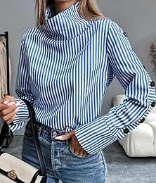 economico -Per donna Camicia Blusa A righe Essenziale Casual Manica Lunga Dolcevita Top Regolari Quotidiano Bottoni Blu Estate Primavera Autunno