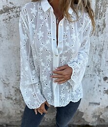 economico -Per donna Camicia Blusa Tinta unica Moda Informale Manica lunga Colletto Top regolari Giornaliero Bottoni Occhiello Bianco Beige Estate Primavera