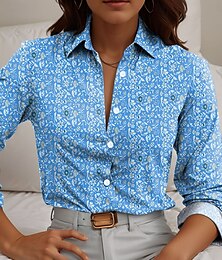 economico -Per donna Camicia Floreale Casual Manica Lunga Colletto a Camicia Top Regolari Lavoro Quotidiano Bottoni Stampato Blu Primavera Autunno Inverno