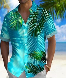 billiga -Herr Löv Tropiska växter Hawaii skjorta Knapp upp skjorta Aloha skjorta Kortärmad Hawaiisk Tillflykt Semester Helgdag Standkläder Sommar Vår Nedvikt krage skjortor Främre en ficka Blå