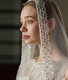 abordables -Une couche Contemporain / mode Voiles de Mariée Voiles bout du doigt avec Perle fausse / Paillette Tulle