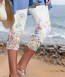 billiga -Damleggings Capri-byxor Hög elasticitet Mode Streetwear Hel längd Hög midja Grafisk Tryckning Termisk Varm Andningsbar Mjuk Utomhus Daglig mjölkvit Fall Vinter Regular Fit