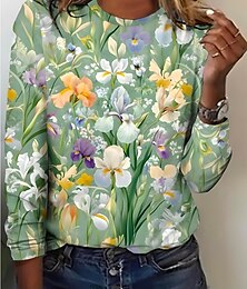 abordables -Mujer Camiseta Floral Elegante Vintage Moda Manga Larga Cuello Barco Tops regulares Diario Noche Fin de semana Estampado Verde Hierba Blanco Verde Claro Verano Primavera