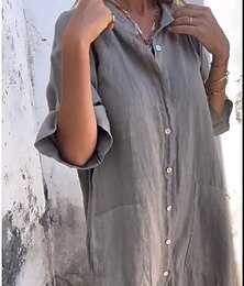 economico -Per donna Abito Lungo Maxi Abito Abiti in cotone e lino Abito Camicia Vestito Casual Essenziale Casual Vacanza Casuale Quotidiano Vestibilità comoda Semplice Mezza Manica Colletto a Camicia Blu Verde