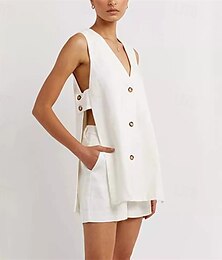 economico -Per donna Vacanza Moda Set di biancheria in cotone Set da due pezzi Blusa Pantaloncini Sotto al Ginocchio Senza Maniche Scollo a V Tinta unica Taglio Ferie Abbigliamento quotidiano Nero Bianco Cachi