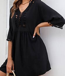 abordables -Femme Maillots de Bain Vêtement couvrant Robe de Bain Maillot de bain La frange Vacances Tenues de plage Couleur unie Col V manche longue Maillots de bain