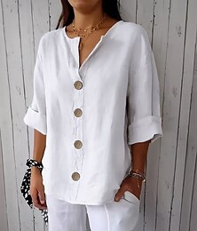 economico -Per donna Camicia Camicie di cotone e lino Abbottonare Blusa Tinta unica Essenziale Casual Manica 3/4 Scollo a V Top Regolari Quotidiano Bottoni Nero Bianco Rosso Cachi Estate