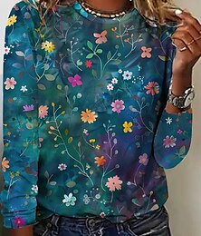 abordables -Mujer Camiseta Floral Graphic Casual Manga Larga Cuello Barco Tops regulares Diario Estampado Azul Piscina Primavera Otoño