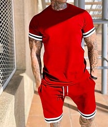 お買い得  -男性用 ワークアウトセット トラックスーツ Tシャツ＆ショーツ セット 衣装セット クルーネック アウトドア 日常 スポーツ ポケット ドローストリング 2個 カラーブロック ブラック ルビーレッド ライト ポリエステル アクティブウェア クラシック カジュアル 夏