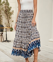 abordables -Femme Jupe longue Bohême Bohème Longue Maxi Taille haute Jupes Graphic Bloc de couleur Patchwork Imprimer Micro-élastique Vacances Plage Bleu marine Fuchsia Printemps, Août, Hiver, Eté Polyester
