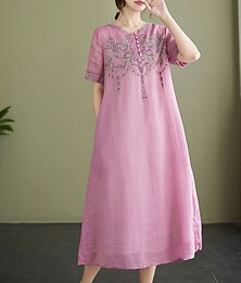abordables -Femmes Robe Midi Robes en coton et lin Robe Décontractée Basique Occasionnel Vacances Occasionnel Quotidien Coupe régulière Graphique Manche Courte Col ras du cou Rose Claire Bleu Été Printemps