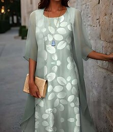 levne -Šaty pro absolventky Midi Šaty Šifon Šaty Posunovací Šaty Elegantní Dovolená Narozeninová Formální Svatební Svatební Host Volný Střih Květinové S Polovinou Rukávu Kulatý Výstřih Zelená Letní Jaro