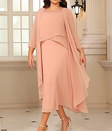 abordables -Robe mère de la mariée A-Line Deux pièces Élégante Vintage Col bijou Longueur thé Chiffon Manches trois-quarts avec perles