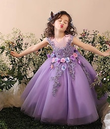 levne -Šaty pro květinovou družičku děti Dívčí Princeznovské šaty Výkon Svatební Párty Elegantní Krásná Síťka Pevná barva Bez rukávů Tričkový Fialová 4 roky +