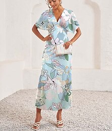 abordables -Femmes Robe Midi Robe trapèze Élégant ancien Vacances robe demoiselle d honneur Fiançailles Coupe régulière Graphique Vintage Manche Courte Col en V Bleu Été
