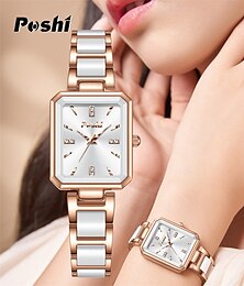 abordables -Reloj de mujer de moda Poshi, reloj de cuarzo con temperamento cuadrado con incrustaciones de diamantes de lujo ligero
