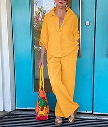 abordables -Femmes Mode Streetwear Chemise Ensembles inspirés du lin Ensembles deux pièces Pantalons à Jambes Larges Pantalons en Lin Pantalons manche longue Col de chemise Couleur Unie Tenue quotidienne Date