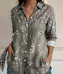 economico -Camicia da donna floreale elegante vintage daily a maniche lunghe colletto regolare top da lavoro quotidiano in lino simile bottoni stampa verde salvia estate primavera