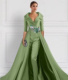 abordables -Ligne A Robe de Soirée Élégant Robe Formel Mariage Longueur au sol Demi Manches Col de chemise Satin avec Fente Broderie Appliques 2025